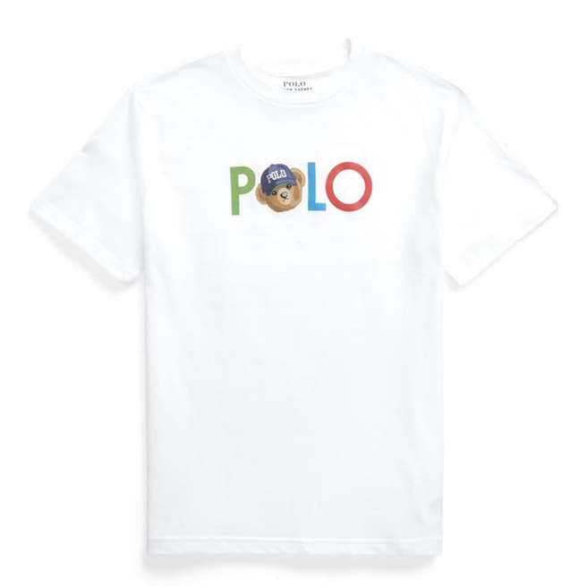 Polo Ralph Lauren Younger Boy's White Printed Teddy Logo Cotton T-Shirt