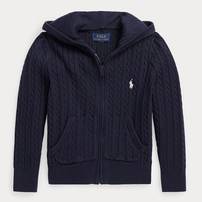 Polo Ralph Lauren Younger Girl's Navy Cable Knit Cotton Zip Up Hoodie