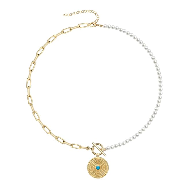 Chloe Collection by Liv Oliver 18K Gold Pearl & Chain Link Turquoise Disc Necklace
