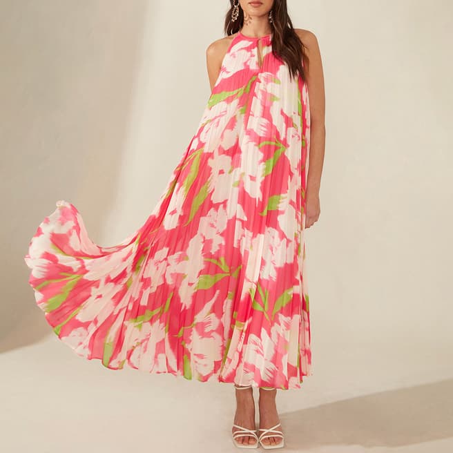 Ro & Zo Pink Floral Halter Pleated Maxi Dress