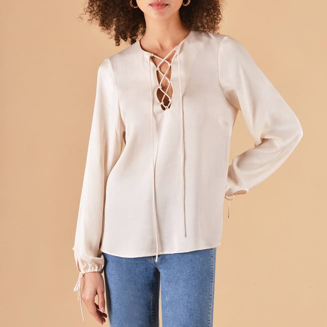 Ro & Zo White Lace Up Blouse