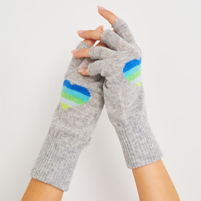 Scott & Scott London Super Grey Cashmere Rainbow Heart Fingerless Gloves