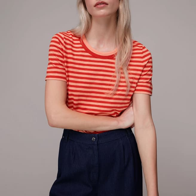 WHISTLES Red Rosa Double Trim Stripe Cotton T-shirt