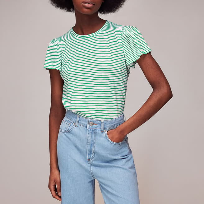 WHISTLES Green Frill Stripe Cotton T-Shirt