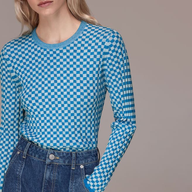 WHISTLES Blue Check Ribbed Knitted Cotton Blend Top