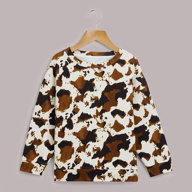 WHISTLES Girl'sBrown Cow Print Cotton Sweatshirt