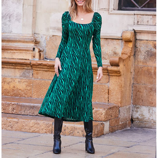 SOSANDAR Green Printed Square Neck Midi Dress