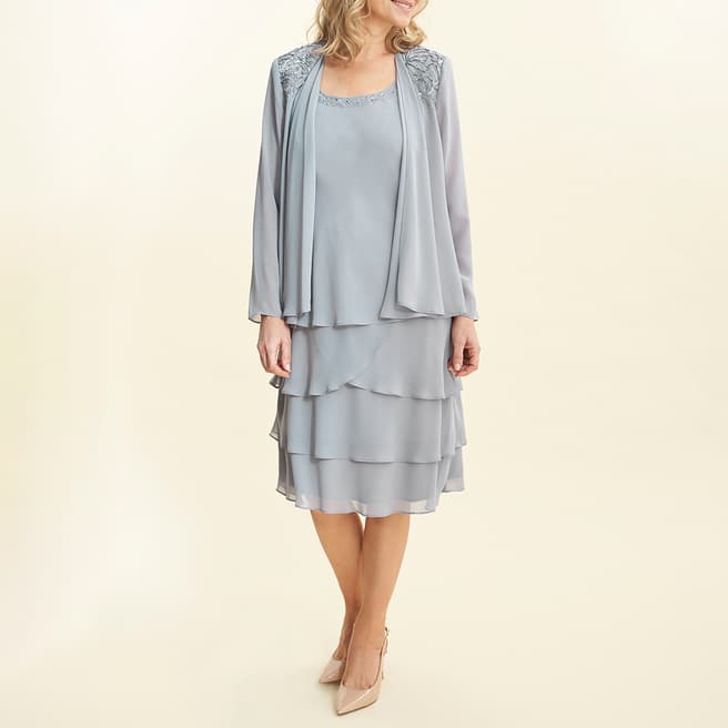 Gina Bacconi Pale Blue Lace Shoulder Bead Tier Jacket Dress