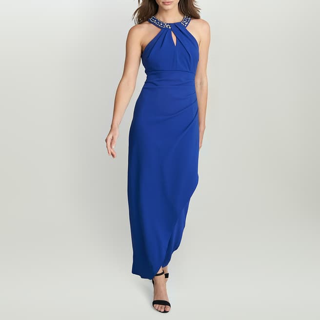 Gina Bacconi Blue Kasandra Halter Beaded Neck Maxi Dress