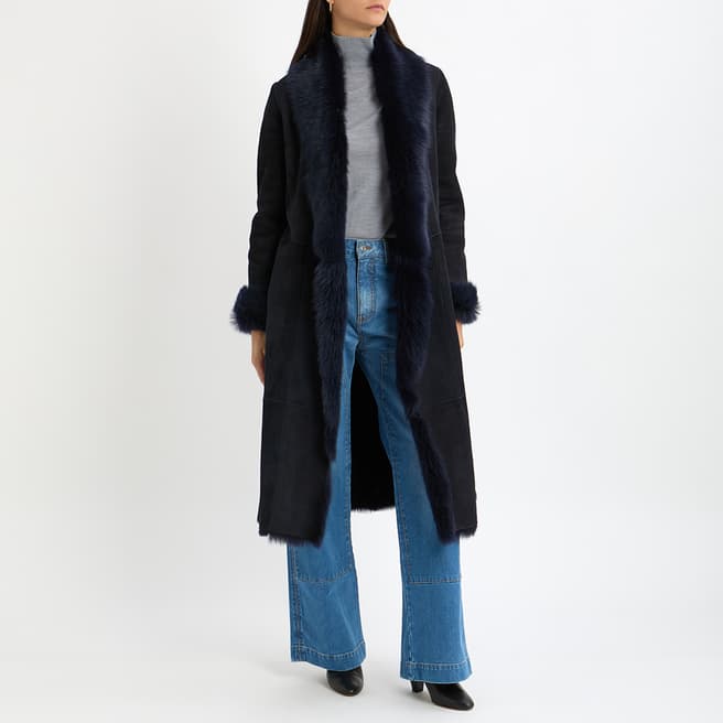 Max and Zac London Navy Long 3/4 Shearling Coat