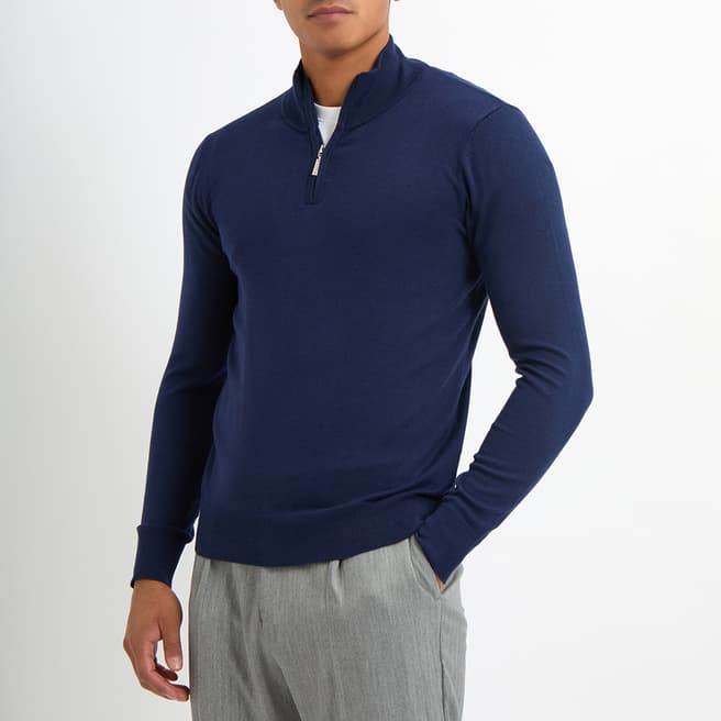 Gianni Feraud Blue Quarter Zip Cashmere Blend Jumper