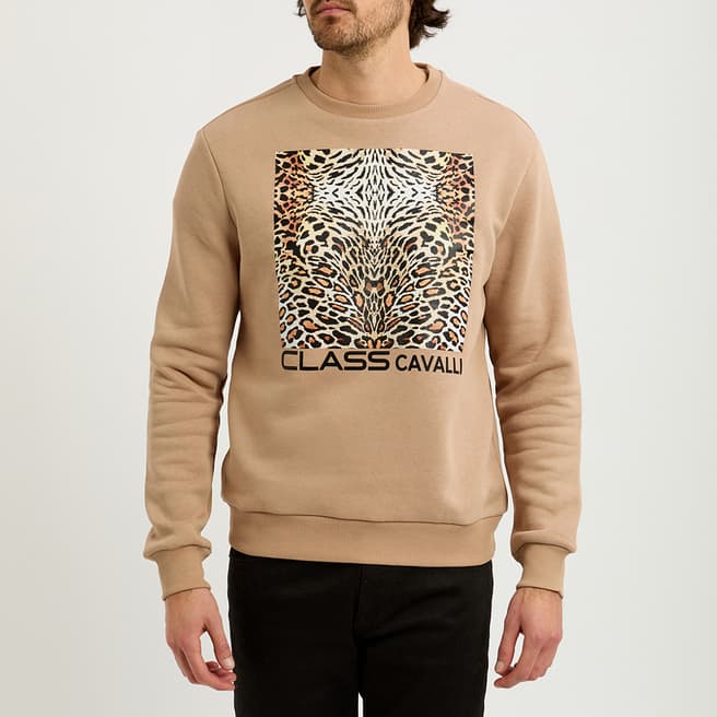 Cavalli Class Camel Animal Print Logo Cotton Blend Sweatshirt