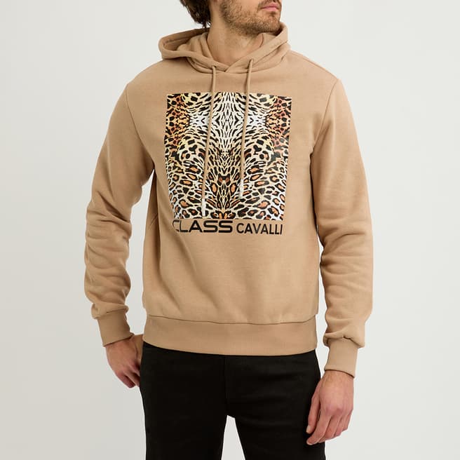 Cavalli Class Camel Animal Print Logo Cotton Fleece Hoodie