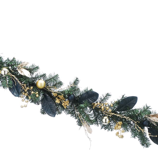 Festive Green Garland With Blue Leaves & Gold Berries, 180cm