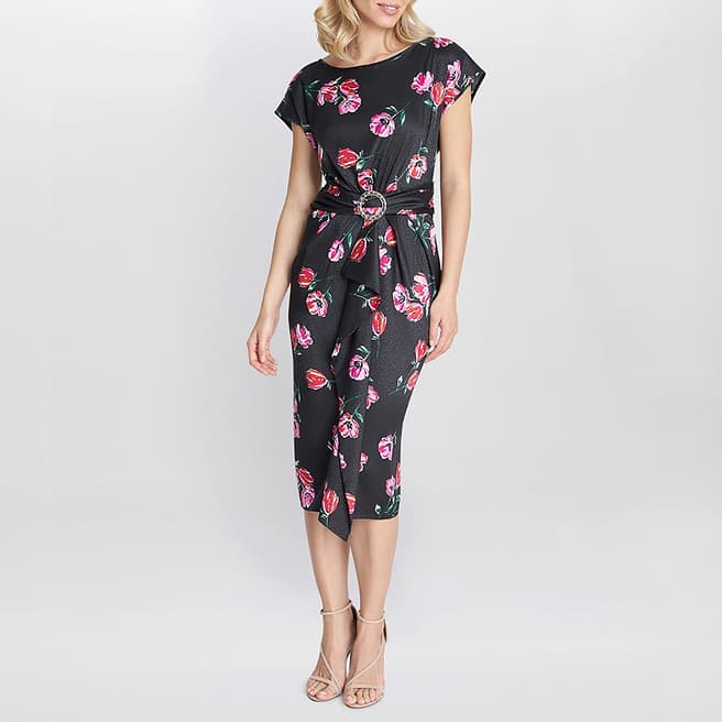 Gina Bacconi Black Saffron Floral Print Satin Dress 