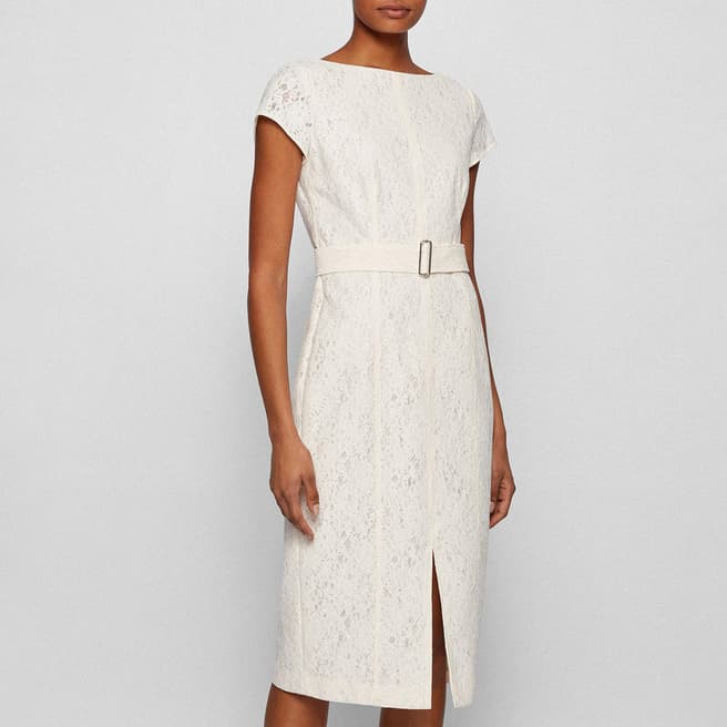 BOSS Ecru Dergitala Belted Midi Dress