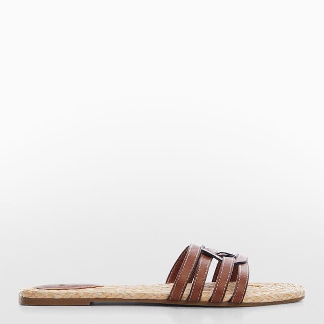 Mango Brown Leather Contrast Strap Flat Sandals