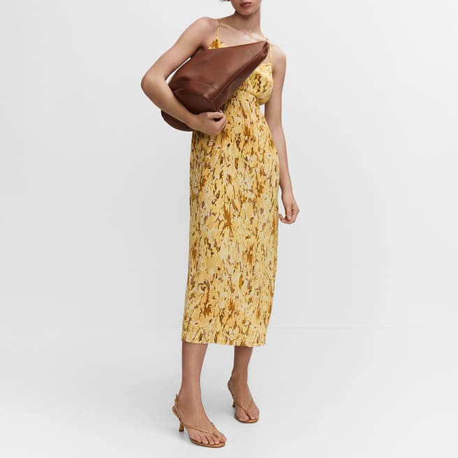 Mango Yellow Cross-back Textured Dress