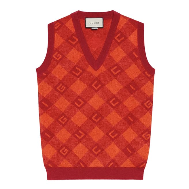 Gucci Gucci Red Check Jacquard V-Neck Vest