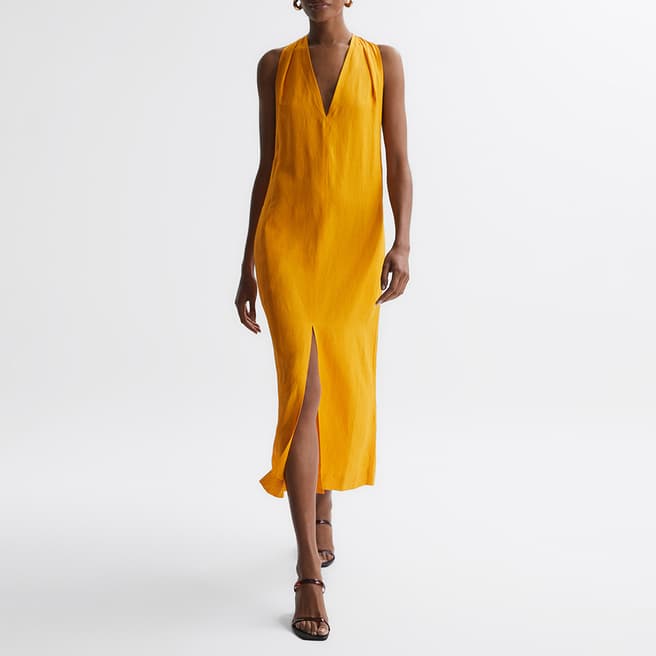 Reiss Orange Alda V-Neck Linen Blend Midi Dress