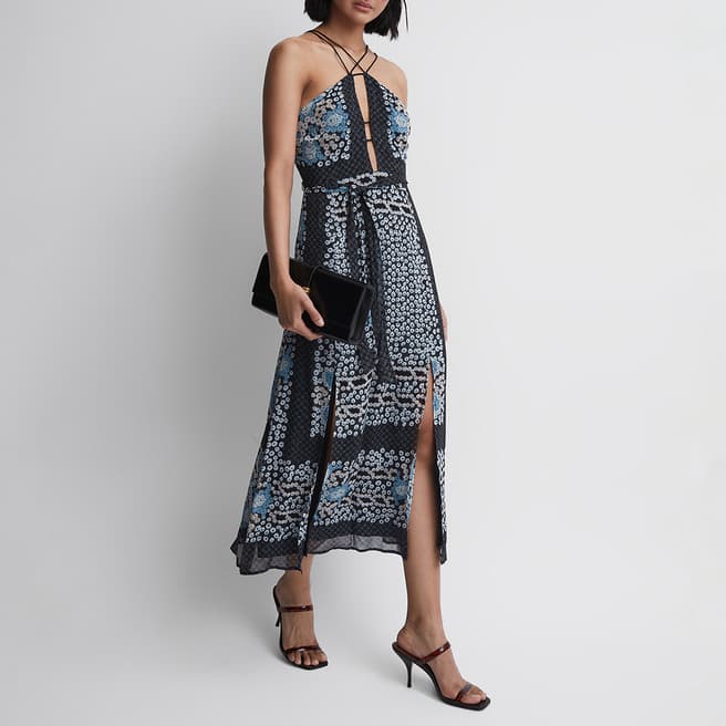 Reiss Navy Aliana Floral Print Midi Dress