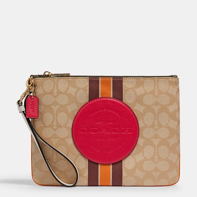 Coach Khaki, Pink Dempsey Gallery Pouch In Signature Jacquard With Stripe And Coach Patch