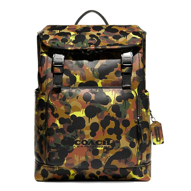 Coach Neon, Yellow, Brown League Flap Backpack In Camo Print Leather