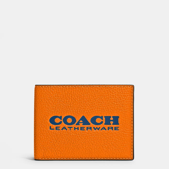 Coach Bright Mandarin, True Blue Slim Billfold In Pebble Leather With Coach Leatherware Branding