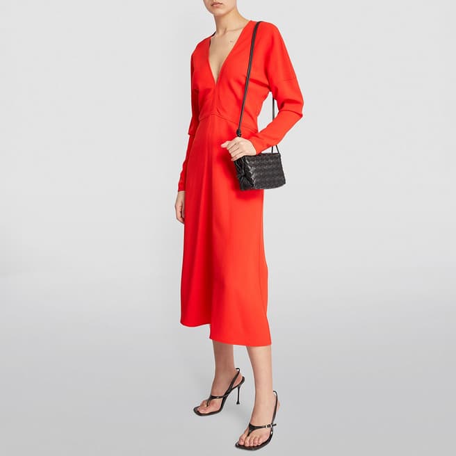 Victoria Beckham Red V-Neck Dolman Midi Dress