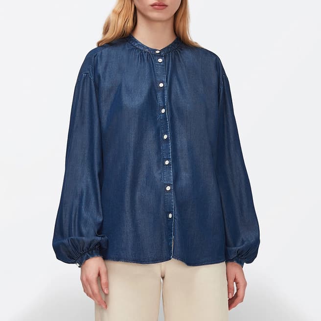 7 For All Mankind Dark Blue Puff Sleeve Blouse