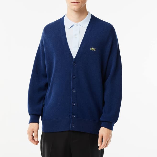 Lacoste Dark Blue V-Neck Wool Cardigan