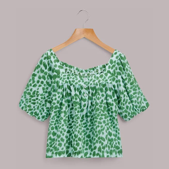 WHISTLES Green Leopard Print Cotton Trapeze Top