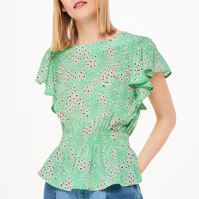 WHISTLES Green Daisy Meadow Frill Sleeve Top