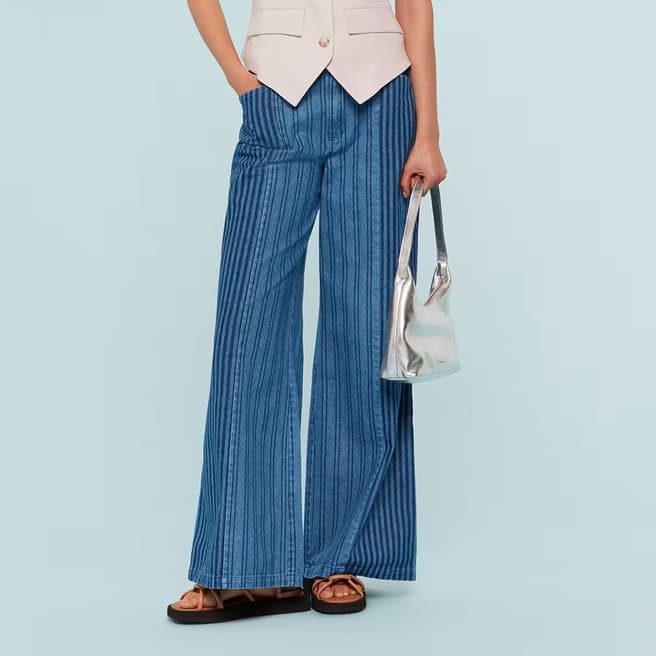 WHISTLES Blue Patchwork Vertical Stripe Jeans