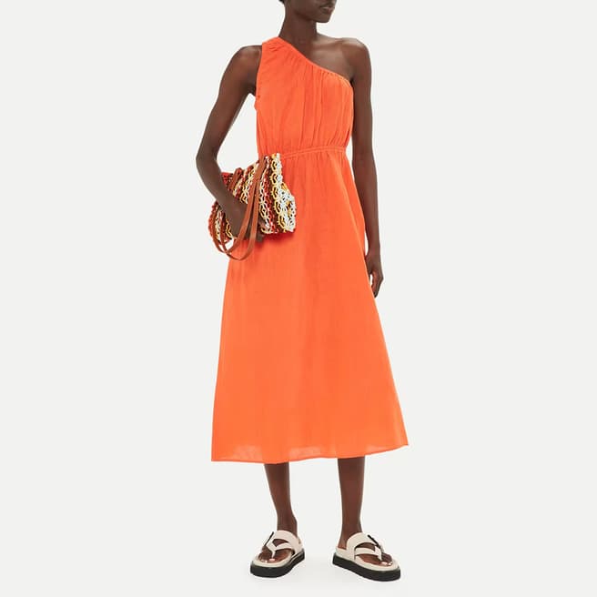 WHISTLES Orange One Shoulder Linen Blend Dress