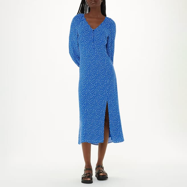 WHISTLES Blue Micro Cactus Print Midi Dress