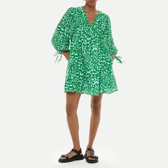WHISTLES Green Smooth Leopard Trapeze Cotton Dress