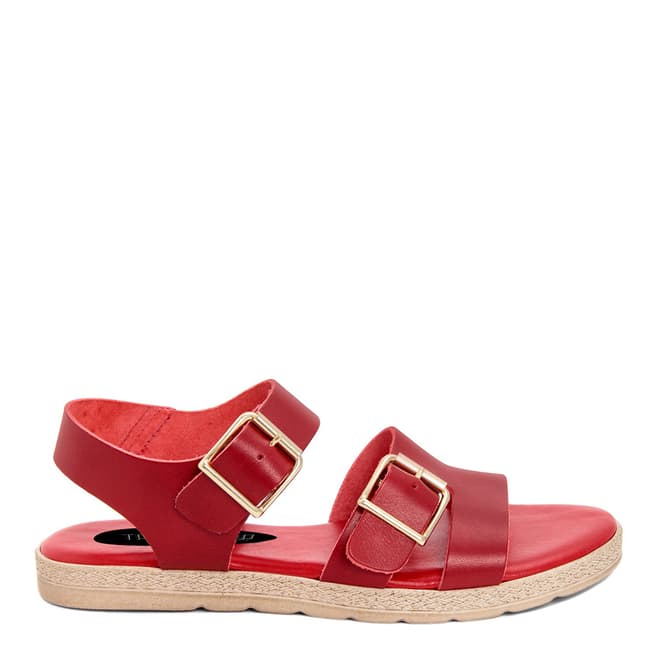 Triple Sun Red Double Buckle Fastening Flat Sandals