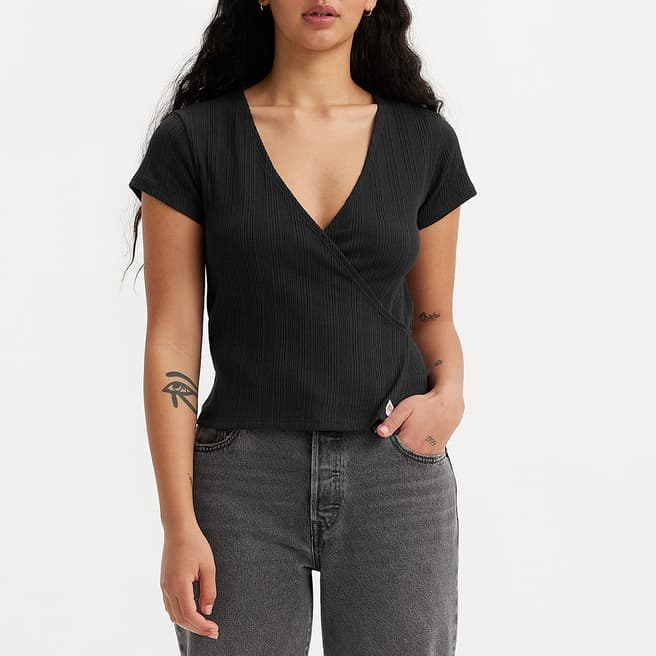 Levi's Black Pointelle Wrap Cotton Blend Top