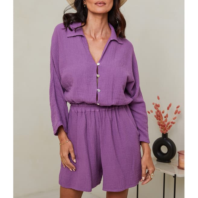 LE MONDE DU LIN Purple Shirt Linen Playsuit