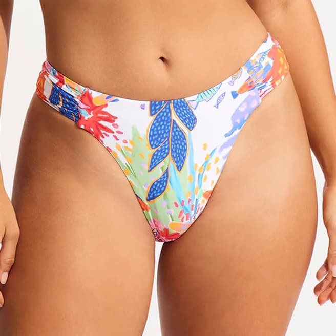 Seafolly White Under The Sea High Leg Ruched Side Brief