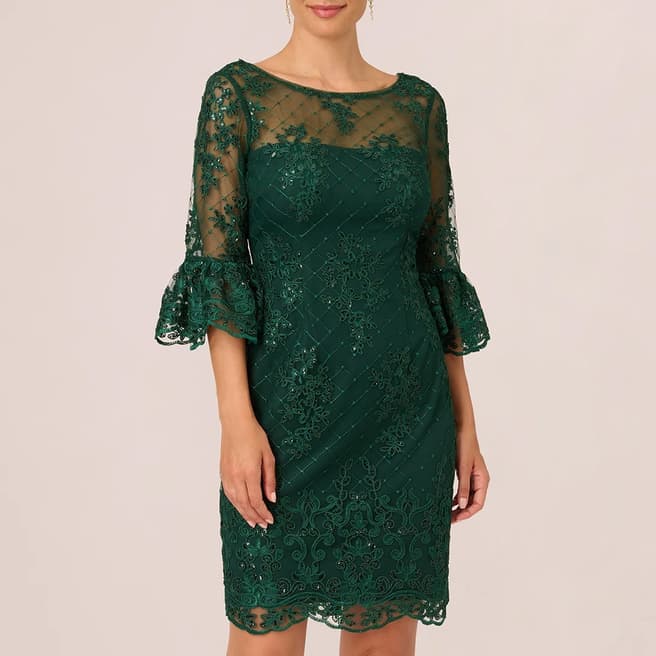 Adrianna Papell Green Embroidered Bell Sleeve Dress