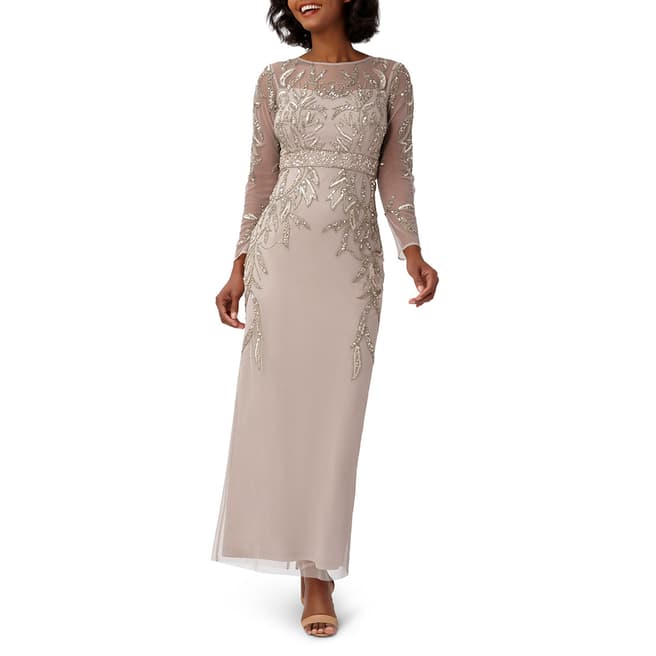 Adrianna Papell Beige Beaded Long Sleeve Gown