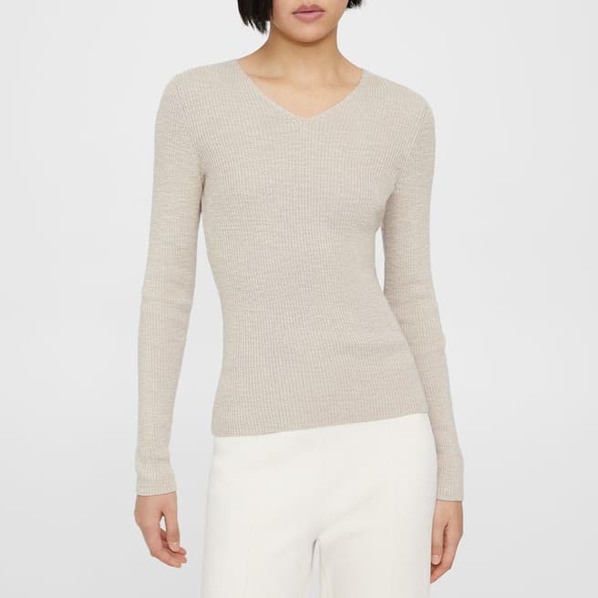 Theory Beige Ribbed V-Neck Cotton Blend Top