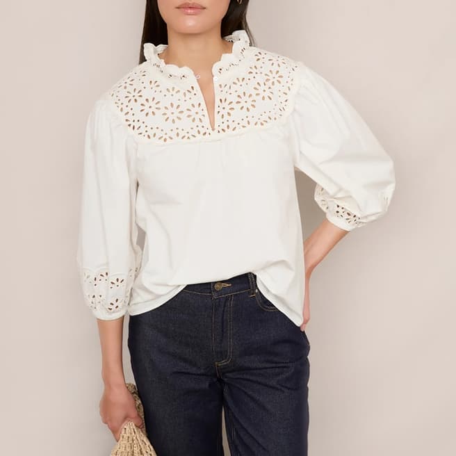Wyse Ivory Alba Broderie Cotton Blouse 