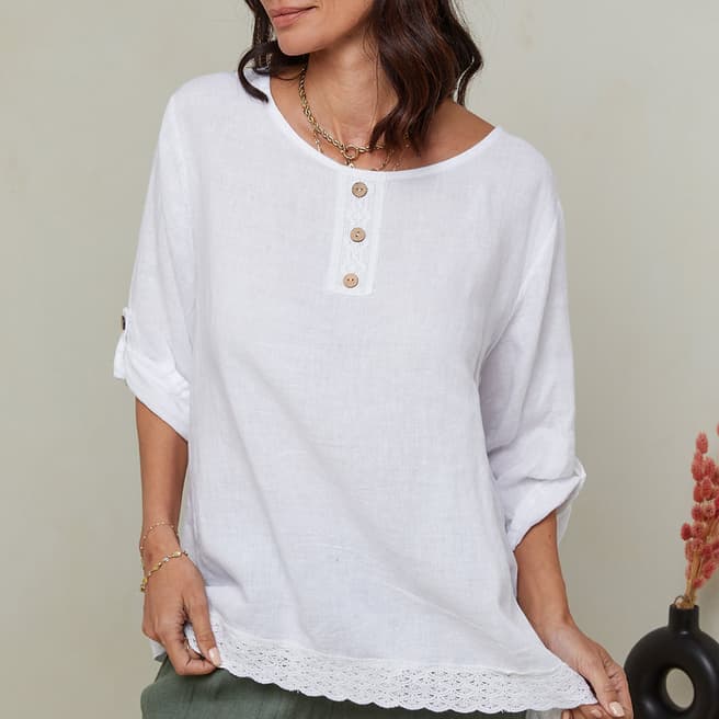 LE MONDE DU LIN White Button Front Linen Blouse