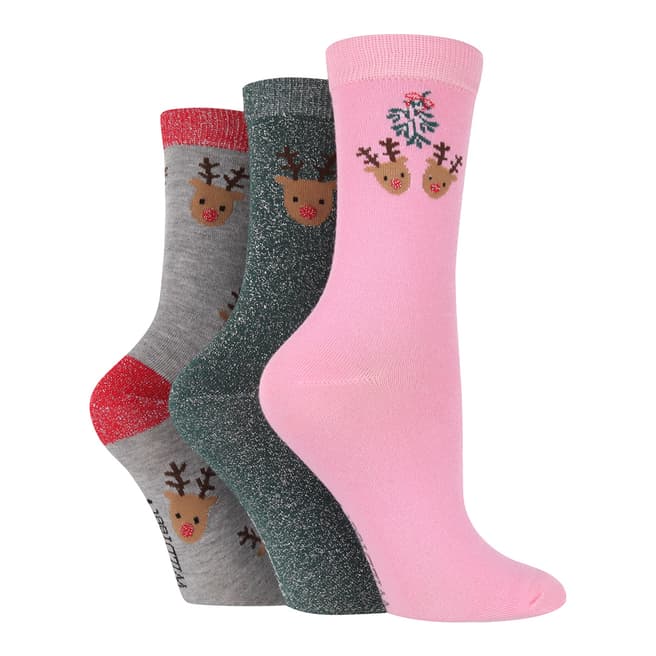 Wild Feet Multi Reindeer 3pk Bamboo Socks