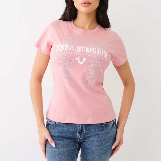 True Religion Pink Embellished Cotton T-Shirt