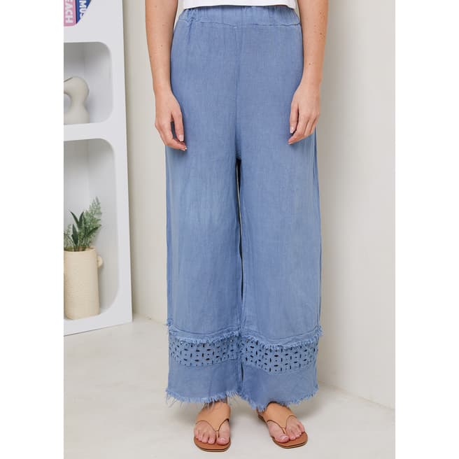 LE MONDE DU LIN Blue Linen Embroidered Trouser