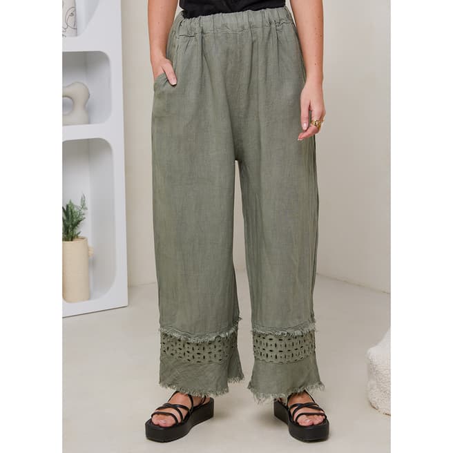 LE MONDE DU LIN Khaki Linen Embroidered Trouser